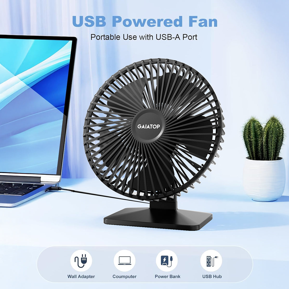Ultra Quiet Desk Fan: 4-Speed USB, 90° Adjustable